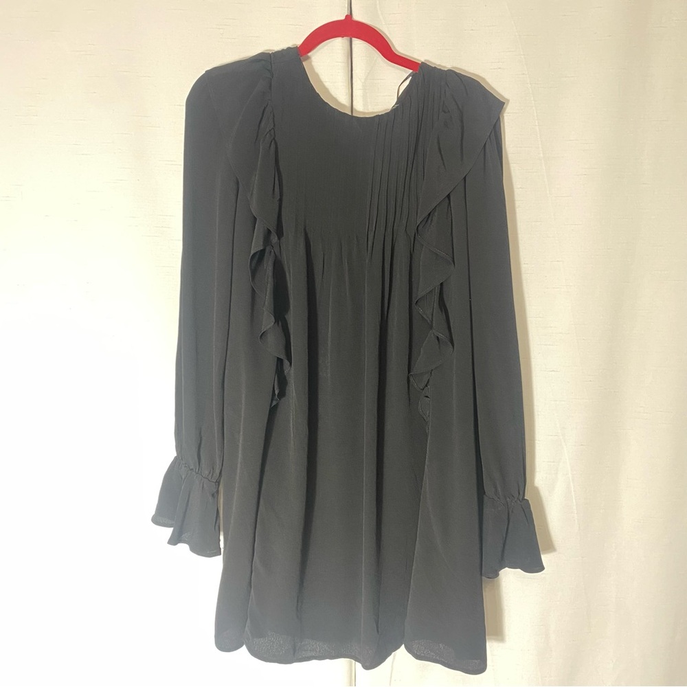 Zara RUFFLED PINTUCK Black MINI DRESS Size L NWOT - Picture 6 of 10